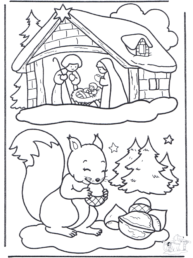 Белка и Рождественский хлев - Рождественские раскраски