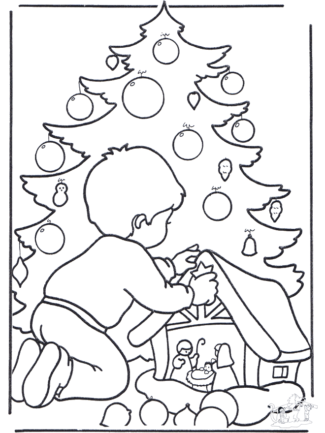 Мальчик у елки - Рождественские раскраски